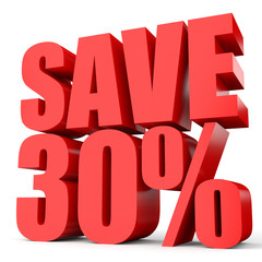 Discount 30 percent off. 3D illustration on white background.