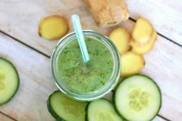 Healthy fresh smoothie drink from gree cucumber and ginger