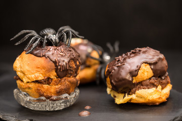 halloween cream puffs with dark chocolate