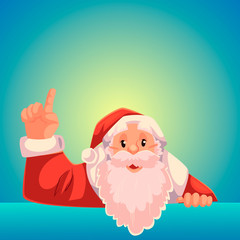 Santa Claus pointing up to a text above, cartoon style vector illustration on blue background. Half length portrait of Santa drawing attention to text above and pointing up