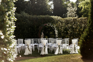 Look from behind the tree at white chairs standing in the garden