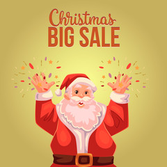 Cartoon style Santa Claus making fireworks, Christmas vector sale banner, gold background, text at the top. Half length portrait of Santa declaring a sale, Christmas sale banner template
