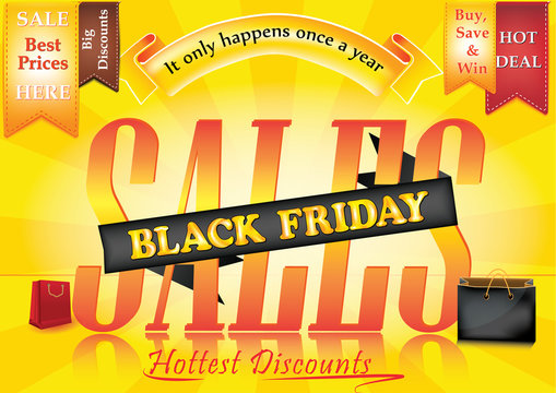 Elegant Black Friday sale advertising poster. Advertising orange shopping poster for Black Friday. Contains different shopping bags, shopping tags. CMYK colors used. Size A3.