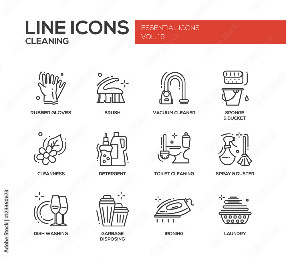 Poster cleaning - line design icons set