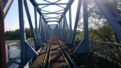 The longest train bridge on Odra River in Siekierki, Poland