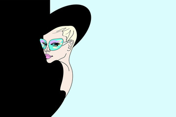 Abstract sketch of a girl model in  dress and hat, green sunglasses. Background black and blue . Fashion week