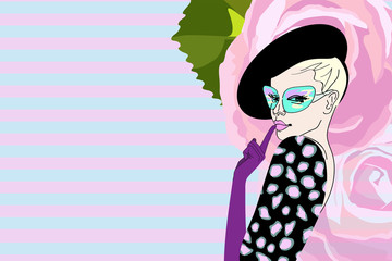 Abstract illustration of  thinking girl in dress hat Sunglasses, glove, fashion art