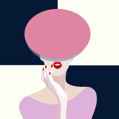 Abstract watercolor pattern woman model  in hat and dress, background black and white, fashion art, girl and Makeup, logo shop