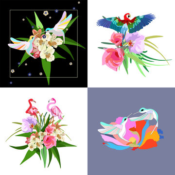 Abstract watercolor summer illustration, tropical  two flamingos, logo couple of hummingbirds