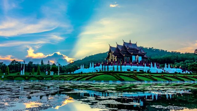 4K,Time lapse, Royal Pavilion or Ho Kham Luang in thai name, Reflection in evening, Chiang Mai,Thailand.(Camera zoom in)