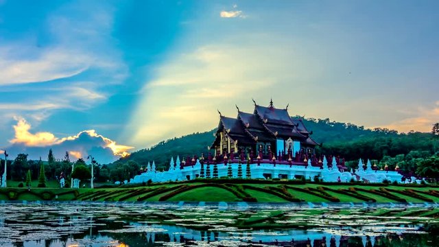 4K,Time lapse, Royal Pavilion or Ho Kham Luang in thai name, Reflection in evening, Chiang Mai,Thailand.(Camera zoom out)