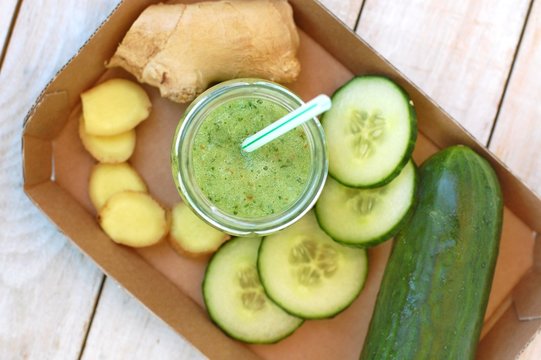 Healthy Fresh Smoothie Drink From Gree Cucumber And Ginger