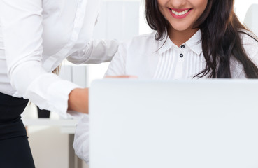 Smiling girl looking at laptop screen