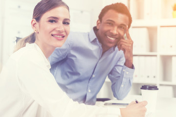 Obraz premium Two colleagues in good mood