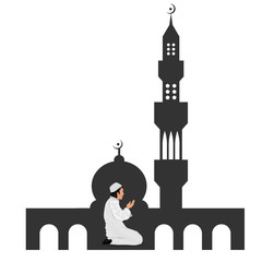 Obraz premium Young muslim man praying in balck mosque icon vector