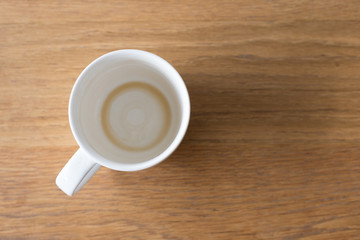 Closeup one coffee cup of hot black cappuccino on clean wooden t