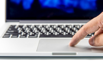 Fototapeta na wymiar hand use touchpad on laptop,white background
