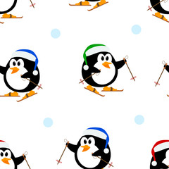 Seamless vector texture with penguins on skis. Vector pattern wi