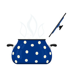 Blue cartoon saucepan with lid open on a white background. Kitch