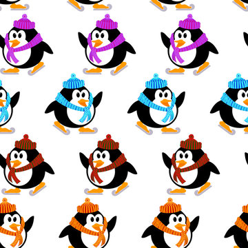 Seamless vector texture with penguins on skis. Vector pattern wi