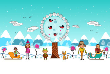 Winter boys and girls flat cartoon vector illustration