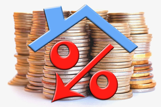 Red percent sign on a background of money .The concept of changes in property prices .