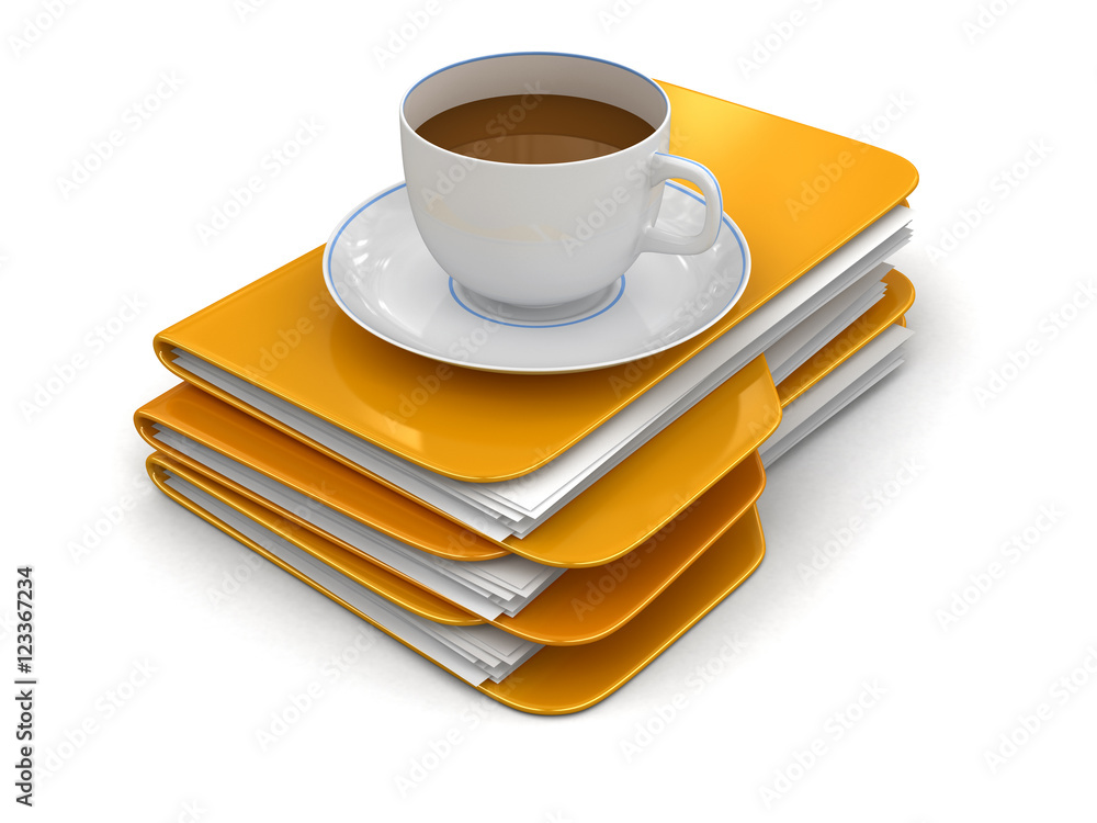Poster folder and files with cup of coffee. image with clipping path