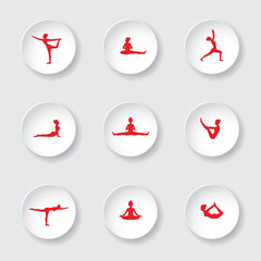 9 red vector yoga pose silhouettes on white button