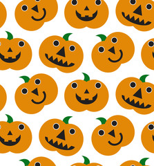 Halloween seamless funny patter with orange halloween pumpkins carved faces silhouettes. Can be used for scrapbook digital paper, textile print, page fill. Vector illustration. Cartoon style.