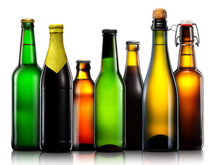 Set of beer bottles with clipping path isolated on black background