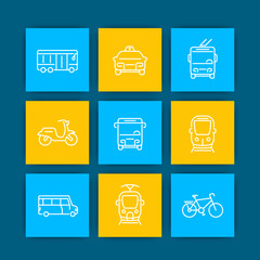 City transport line icons, tram, train, bus, bike, taxi, trolleybus, scooter