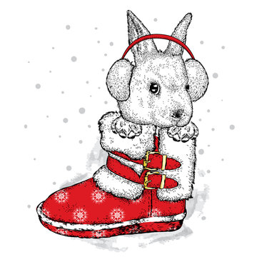 Cute hare in winter boots and headphones. Vector illustration for greeting card, poster, or print on clothes. New Year's and Christmas.