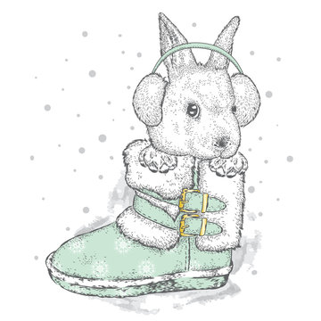 Cute hare in winter boots and headphones. Vector illustration for greeting card, poster, or print on clothes. New Year's and Christmas.