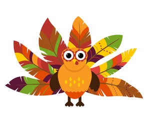 Cute Vector Turkey with Colorful Feathers for Thanksgiving and Fall
