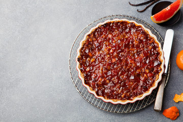 Grapefruit, orange, lemon tart, crumble in a dish