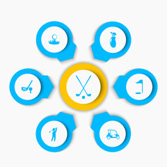 Golf, clubs, cart, golfer round icons