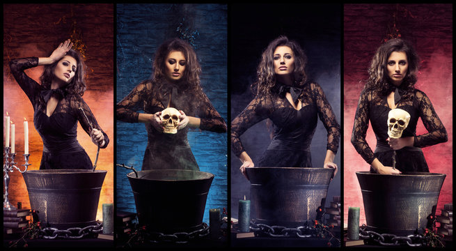 Beautiful female magician making witchcraft