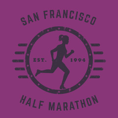 Half Marathon vintage logo, t-shirt print with running girl, woman