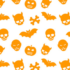 halloween pattern, seamless background with skulls, bones, bats, vampires and pumpkins, orange on white
