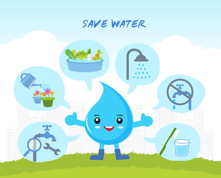 save the water Infographic, save the world, cartoon water drops character
