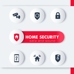 Home security icons set, cctv, shield, key, house security mobile app, vector illustration