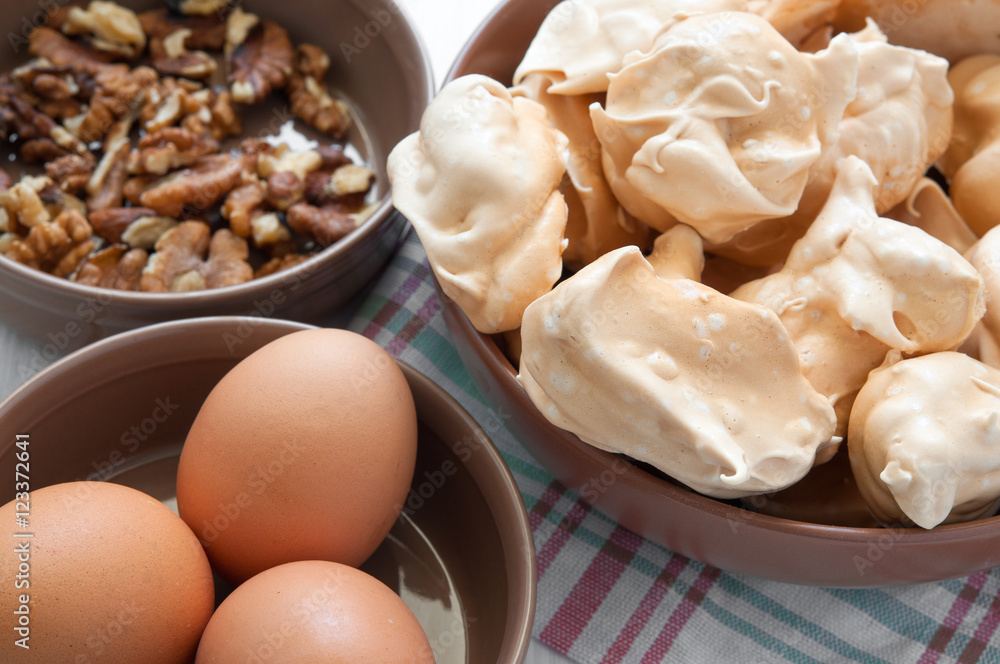 Wall mural fresh delicious brown meringue and ingredients