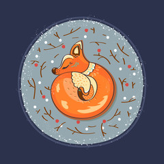 Winter night. Fox asleep on the branches in the snow. Color vector illustration.