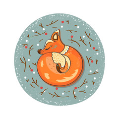 Winter day. Fox asleep on the branches in the snow. Color vector illustration.