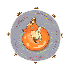 Spring. Fox asleep in the grass. Color vector illustration.