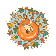 Autumn. Fox asleep in the fallen leaves. Color vector illustration.