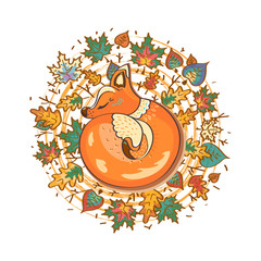 Autumn. Fox asleep in the fallen leaves. Color vector illustration.