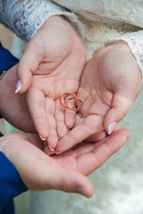 the couple holding hands in wedding rings
