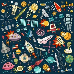 Poster Im Rahmen Vector abstract illustration of space. Solar system. Moon, astronaut, planet, rocket, earth, cosmonaut comet universe orbit Technology Hand drawn comic © lubashka