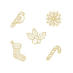 Vector icon set with Christmas glitter gold sign and symbol